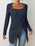 Purpdrank Chic Ribbed Long Sleeve Top with Unique Button Accent - Asymmetrical Hem - Perfect for Womens Spring & Fall Fashion