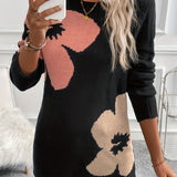 Purpdrank Long Sleeve For Fall & Winter Floral Pattern Crew Neck Sweater, Casual Women's Clothing