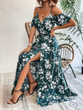 Floral Print Cold Shoulder Belted Dress, Elegant Split Sleeveless Aline Dress For Spring & Summer, Women's Clothing