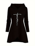 Cozy Faith Print Split Hem Hoodie, Long Sleeve Casual Sweatshirt for Women, Comfortable Clothing