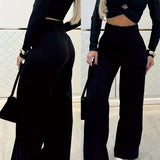 Purpdrank  Women's Double-Breasted Wide-Leg Pants - Solid Black Casual Trousers, Machine Washable & Dry Cleanable, All-Season Versatile Office & Casual Attire, Commuting Attire, Sleek Design, Durable Material, Stylish Bottoms