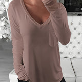 Purpdrank Relaxed Fit Solid V Neck Pocket Long Sleeve T-Shirt - Soft Medium Stretch Fabric, Pullover Style, Machine Washable - Perfect for Casual Spring, Summer, and Fall Wear