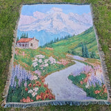 Purpdrank  1pc Rustic Floral Landscape Jacquard Throw Blanket - All-Season Multi-Use Indoor/Outdoor Camping Blanket with Fringe Trim, Hand Wash Only, Mixed Colors for Home Decor, Picnics & Travel, Picnic Blanket