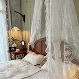 Purpdrank  White Lace Bed Canopy, Dreamy and Romantic Bedroom Decor with Metallic Leaf Crown Stand, Exquisite Bridal Chamber Decoration for Brides
