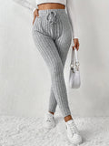 Solid Color Drawstring Waist Leggings, Casual Every Day Stretchy Skinny Leggings, Women's Clothing