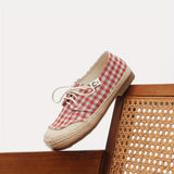 Purpdrank  Handmade Custom Artistic And Linen Style Shoes with a Fresh Checkered Design, Casual Lace-Up Flats for Women, New Craftsmanship Quality Student Shoes F09.