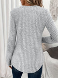 Vibrant Ribbed Button Front Long Sleeve V Neck T-Shirt - Soft Casual Wear for Spring & Fall - Women's Comfortable Clothing for Everyday Life