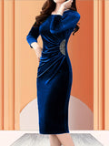 Velvet Zipper Slit Dress, Elegant Slim Fit Ruched 3/4 Sleeve Dress For Spring & Fall, Women's Clothing