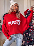 Merry Christmas Batwing Sweater - Pullovers with Elegant Turtle Neck, Long Sleeve, Fall and Winter Women's Clothing with Festive Pattern