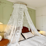 Purpdrank  White Lace Bed Canopy, Dreamy and Romantic Bedroom Decor with Metallic Leaf Crown Stand, Exquisite Bridal Chamber Decoration for Brides