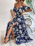 Floral Print Cold Shoulder Belted Dress, Elegant Split Sleeveless Aline Dress For Spring & Summer, Women's Clothing
