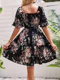 Floral Print Shirred Waist Dress, Elegant Short Sleeve Square Neck Dress, Women's Clothing