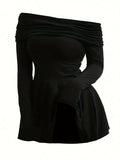 Elegant Plus Size Off Shoulder Dress for Women - Long Sleeve Solid Color Dress for Spring & Fall Seasons