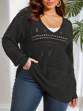 Chic Plus Size V-Neck Sweater – Breathable Hollow Out Design with Long Sleeves – Versatile Sheer Pullover for Everyday Wear