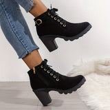 Women's High Top Zipper Side Lace Up Chunky Heel Short Boots, Faux Leather Casual Combat Boots Women's Shoes
