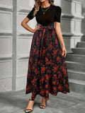 Lace Up Floral Print Splicing Dress, Elegant Crew Neck Short Sleeve Dress For Spring & Summer, Women's Clothing