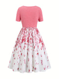 Vibrant Floral Print V-Neck A-Line Dress - Casual, Short Sleeve, Heart-Shaped High Waist, Flattering Fit, Spring & Summer Essential, Women's Clothing