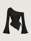 Women'S Casual Asymmetrical Neck Long Sleeve T-Shirt - Solid Color Knit Fabric Top with Ribbed Texture, Polyester Blend (95% Polyester, 5% Elastane) for Fall/Winter