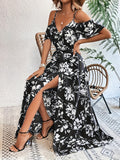 Floral Print Cold Shoulder Belted Dress, Elegant Split Sleeveless Aline Dress For Spring & Summer, Women's Clothing