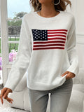 American Flag Pattern Crew Neck Long Sleeve Sweater - Soft Medium Stretch Acrylic Knit Fabric, Elegant Casual Style, Regular Fit, Hand Wash or Dry Clean, Perfect for Fall and Winter - Womens Clothing
