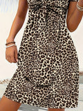 Leopard Print Twist Dress, Stylish Plunging Short Sleeve Midi Dress For Spring & Summer, Women's Clothing