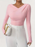 Rib Knit V Neck Sweater, Casual Long Sleeve Sweater For Fall & Winter, Women's Clothing