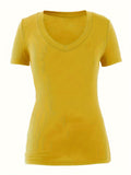 Purpdrank Plus Size Casual V-Neck T-Shirt for Women - Polyester Blend with 95% Polyester & 5% Spandex, Medium Stretch Knit Fabric, Solid Color, Suitable for Spring/Summer/Fall