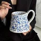 Purpdrank  1pc 20.29oz Hand-Painted Blue and White Floral Ceramic Mug, Round Insulated Coffee Cup, Reusable for Daily Use, Perfect for Christmas, Halloween, Easter, Hanukkah, Thanksgiving Gifts