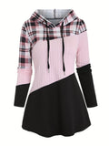 Womens Color Block Plaid Print Hoodie with Drawstring - Stylish Casual Sweatshirt for Everyday Comfort - Trendy Long Sleeve Design