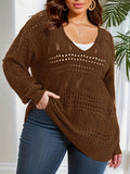 Chic Plus Size V-Neck Sweater – Breathable Hollow Out Design with Long Sleeves – Versatile Sheer Pullover for Everyday Wear