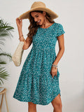 Floral Print Crew Neck Dress, Vintage Short Sleeve Dress For Spring & Summer, Women's Clothing
