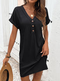 Solid Color V Neck Dress, Casual Short Sleeve Button Decor Dress For Spring & Summer, Women's Clothing