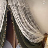 Purpdrank  French Elegant Vintage Double-Layer Ruffled Bed Canopy - Dark Green Machine-Washable Fabric with Tassel Trim, Includes Stand for Bedroom Decor