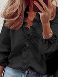 Purpdrank - Puff Sleeves Falbala Solid Color V-Neck Blouses
