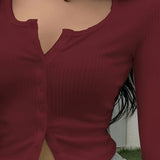 Purpdrank Vibrant Solid Color Crew Neck Slim Fit Long Sleeve T-Shirt - Soft Y2K Ribbed Single Breasted Design for Everyday Wear, Comfortable Women's Clothing for Casual Occasions, Perfect for Spring and Summer Seasons