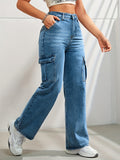 High-Waisted Y2K Kpop-Inspired Denim Cargo Jeans - Side Flap Pockets, Light Wash, Casual Slash Pockets, Comfortable Fabric, Stylish Design, Women's Fashionable Clothing for Everyday Wear