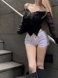 Y2K Long Sleeve Off Shoulder Butterfly Applique Contrast Mesh Top, Cute/Coquette Style Women's Clothing