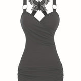 Purpdrank Solid Color Y2K Ruched Strap Tank Top - Fashionable Cold Shoulder Butterfly Lace - Versatile Spring & Summer Style for Womens Cute/Coquette Closet