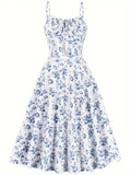 Floral Print Tie Front Dress, Vintage Elegant Sleeveless Spaghetti Strap Dress, Women's Clothing