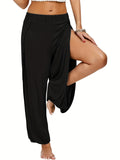 Long Length Elegant Harem Pants - Micro Elastic Polyester, Semi-Sheer, Solid Color, Ruffled Corset Leg, Machine Washable, Perfect for Spring and Fall - Womens Clothing