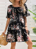 Floral Print Shirred Waist Dress, Elegant Short Sleeve Square Neck Dress, Women's Clothing