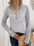 Vibrant Ribbed Button Front Long Sleeve V Neck T-Shirt - Soft Casual Wear for Spring & Fall - Women's Comfortable Clothing for Everyday Life