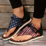 Purpdrank [Vintage Gladiator Sandals] Vintage Style Gladiator Sandals - Striped Independence Day Flat Heel with Zip Closure, Split Toe Design, EVA Sole, Faux Cover Insole & Lining