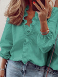 Purpdrank - Puff Sleeves Falbala Solid Color V-Neck Blouses