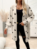 Cozy Heart Pattern Knitted Cardigan - Soft, Casual, Long Sleeve, Drop Shoulder, Open Front, Winter & Fall Essential - Womens Comfortable Clothing for Everyday Wear