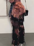 Purpdrank Trendy Tie Dye Flare Leg Pants - High Waist Skinny Tassel Mesh Y2K Style - Perfect for Fall & Winter Chic Wardrobe