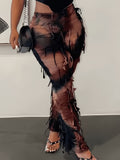 Purpdrank Trendy Tie Dye Flare Leg Pants - High Waist Skinny Tassel Mesh Y2K Style - Perfect for Fall & Winter Chic Wardrobe
