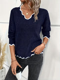 Contrast Trim V Neck Pullover Sweater, Casual Long Sleeve Knitted Sweater For Spring & Fall, Women's Clothing
