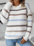 Striped Drop Shoulder Crew Neck Sweater, Elegant Long Sleeve Sweater For Fall & Winter, Women's Clothing