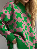 Cozy Geometric Pattern Mock Neck Pullover Sweater - Stylish Long Sleeve Casual Wear for Women - Perfect for Fall and Winter Fashion
